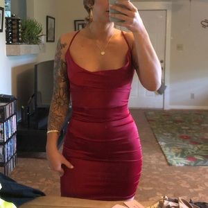 on the prowl strappy cowl neck satin mini dress in dark red